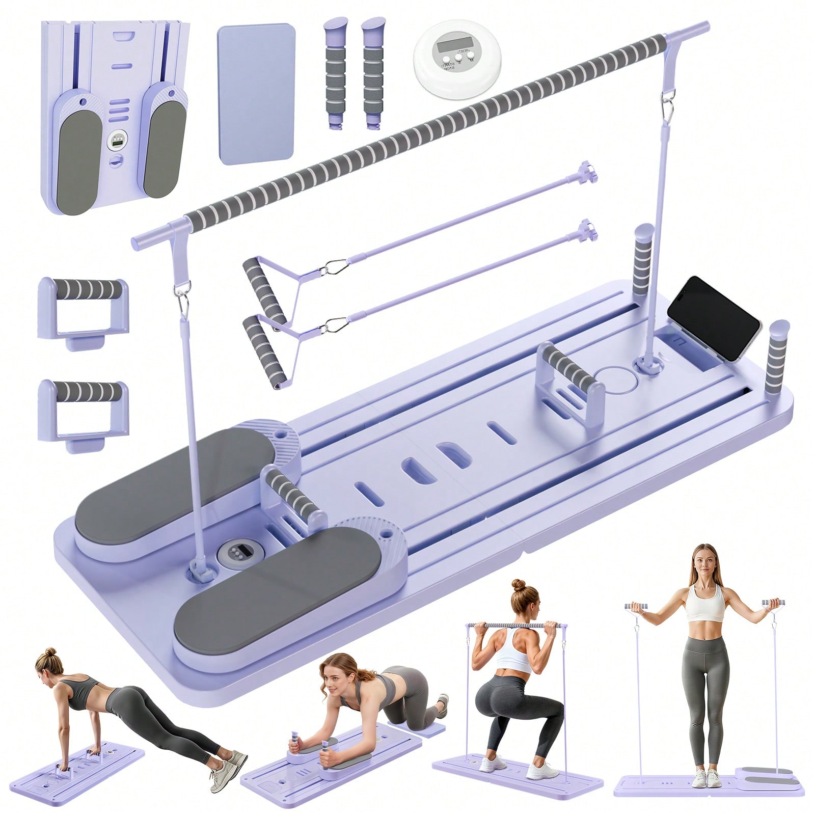 Pilates & Yoga Vida - Pilates-Reformer mit Stange, Pilates-Brett mit Handyhalterung,